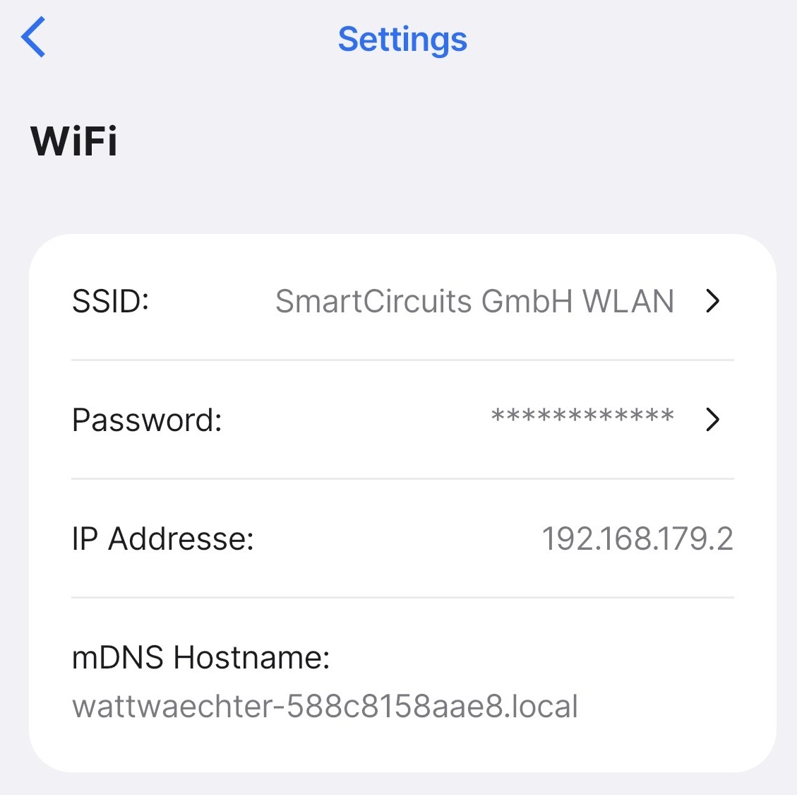 WiFi settings with IP address